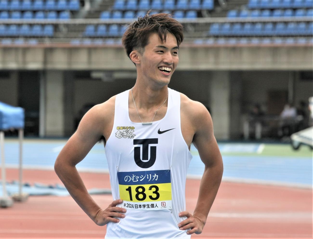 陸上日本学生個人選手権　男子100メートル準決勝で追い風参考ながら9秒97をマークした東洋大・柳田（撮影・藤塚大輔）