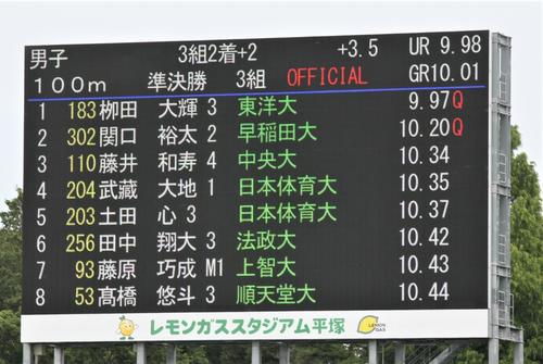 陸上】柳田大輝が追い風参考ながら9秒97をマーク！自身初9秒台公認
