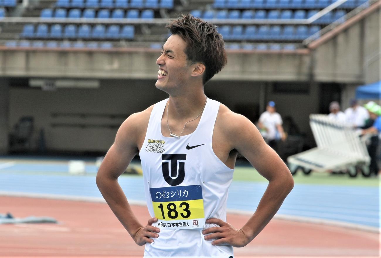 陸上日本学生個人選手権　男子100メートル準決勝で追い風参考ながら9秒97をマークし、公認記録とならずに悔しがる東洋大・柳田（撮影・藤塚大輔）