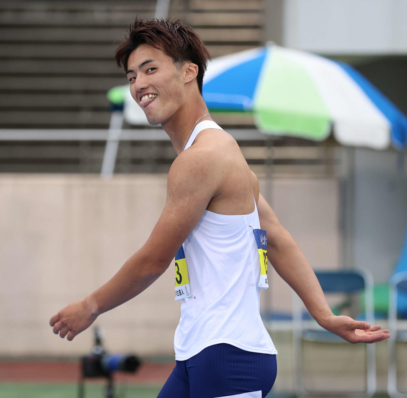 男子100メートル決勝、9秒台ならず悔しそうな表情の東洋大・柳田（撮影・河野匠）