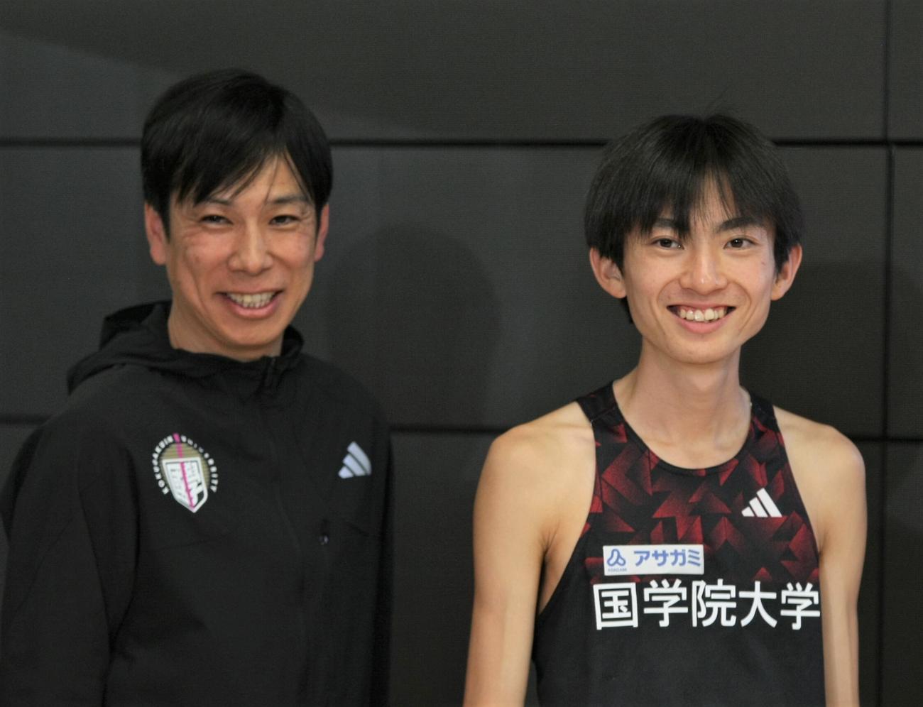 アディダス・ジャパンのイベントに出席した国学院大・前田康弘監督〈左〉と平林〈撮影・藤塚大輔〉
