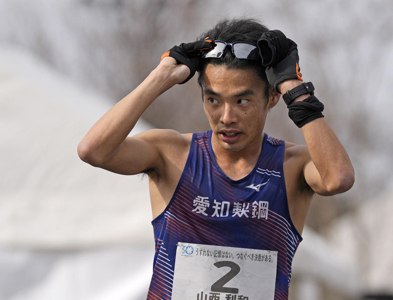 男子20キロ 　1時間16分10秒の世界新記録で優勝した山西利和。世界選手権東京大会の代表に決まった＝六甲アイランド甲南大周辺コース（共同）