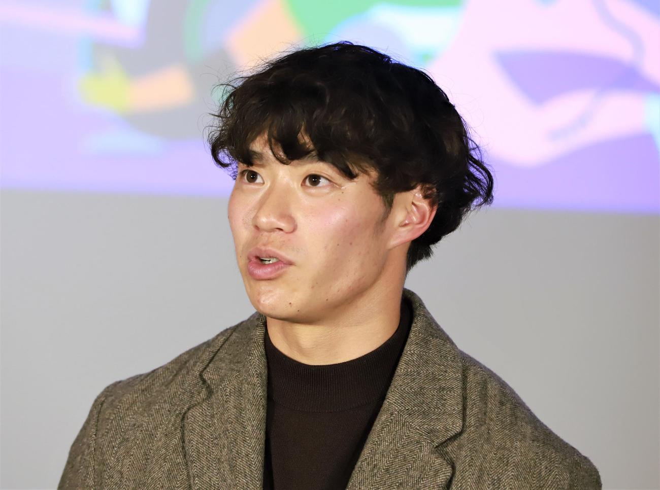 陸上世界選手権イベントに登壇した男子短距離の坂井隆一郎（撮影・藤塚大輔）