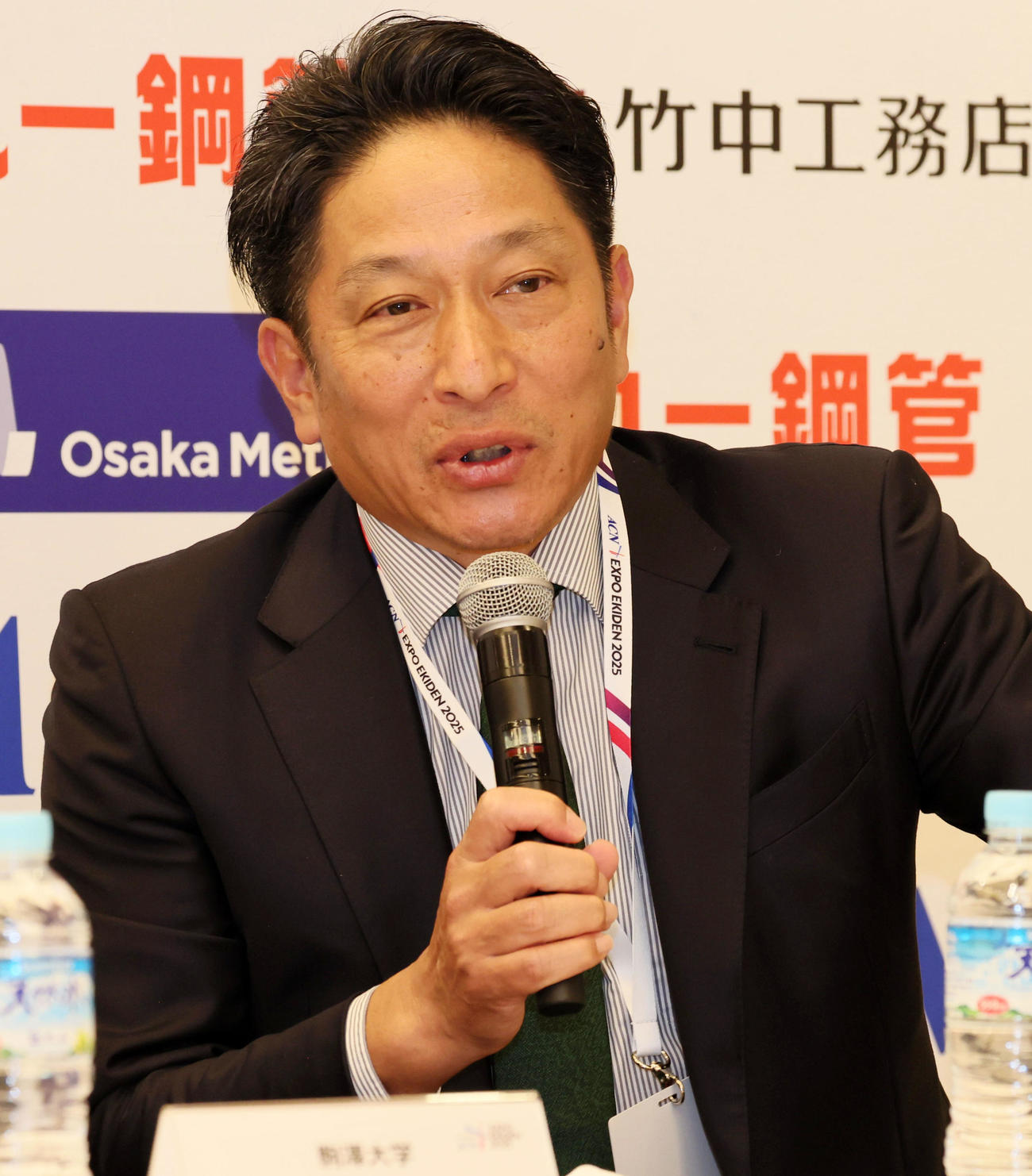 万博駅伝参加チームで会見に出席し意気込みなどを語る青山学院大学・原晋監督（撮影・加藤哉）