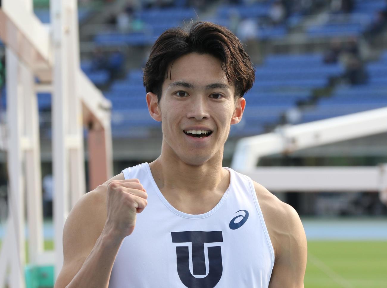 日本学生個人選手権　男子100メートルで優勝した大石（撮影・藤塚大輔）