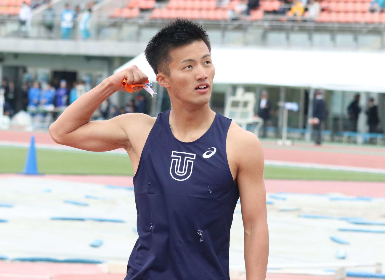 関東学生陸上競技対校選手権大会男子1部100メートル決勝　追い風参考ながら9秒95で優勝した東洋大・柳田（撮影・泉光太郎）