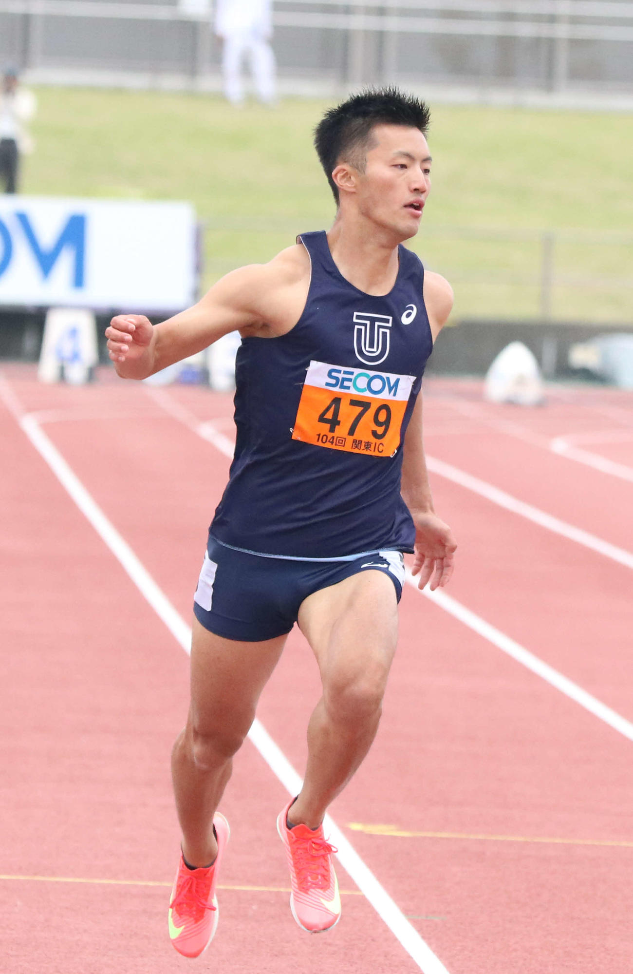 関東学生陸上競技対校選手権大会男子1部100メートル決勝　追い風参考ながら9秒95で優勝した東洋大・柳田（撮影・泉光太郎）