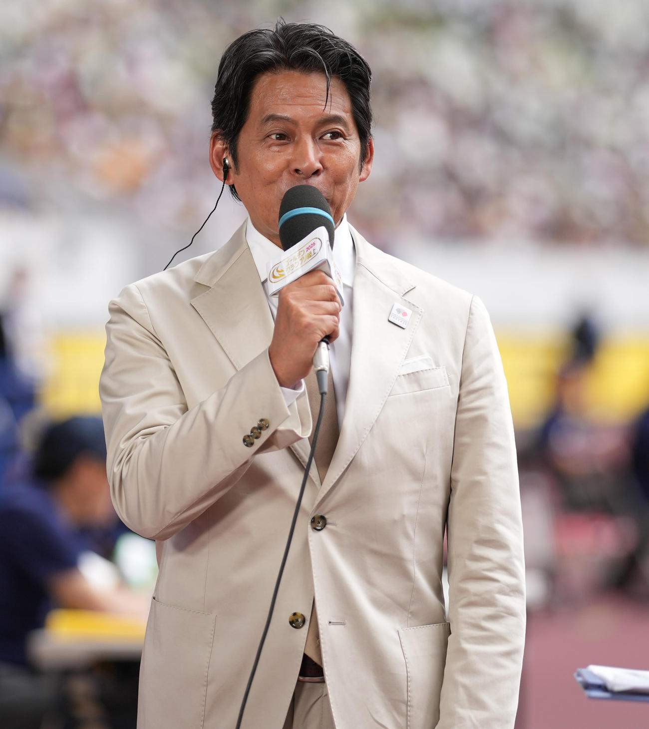 中継ゲストで登場した織田裕二（撮影・鈴木みどり）