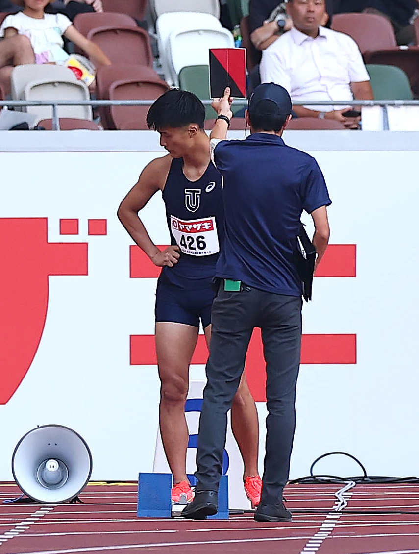 男子100メートル予選でフライングし、失格となった柳田大輝（代表撮影）