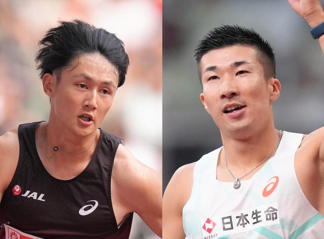 陸上日本選手権で男子200メートル優勝の鵜澤飛羽（左）と同100メートル優勝の桐生祥秀