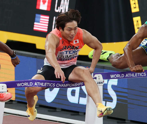 男子110メートル障害準決勝　転倒する泉谷（撮影・宮地輝）