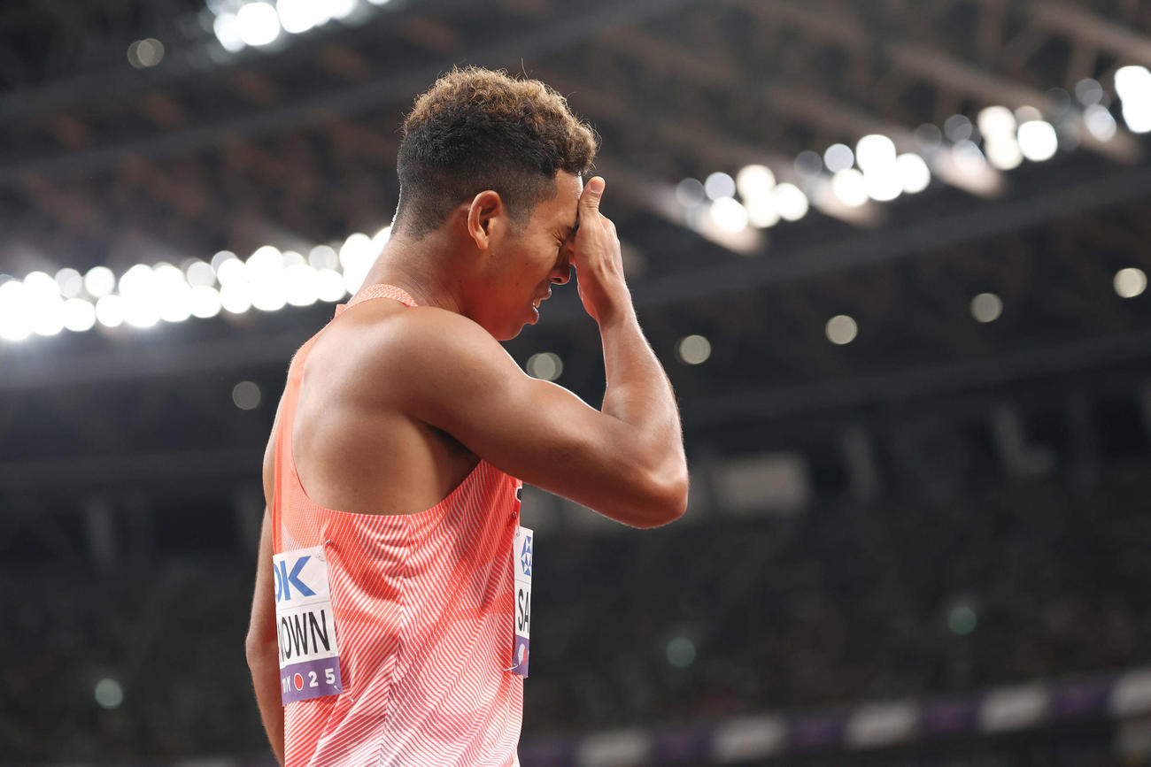 男子100メートル予選　7位で予選敗退となり厳しい表情のサニブラウン（撮影・宮地輝）