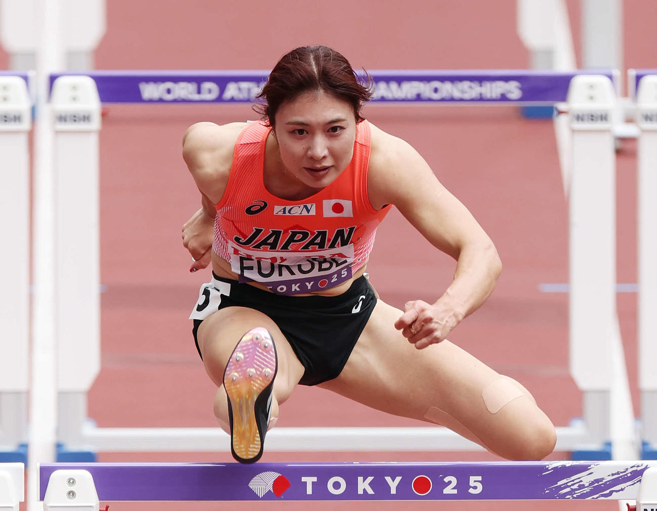 女子100メートル障害予選　ハードルを越える福部（撮影・宮地輝）