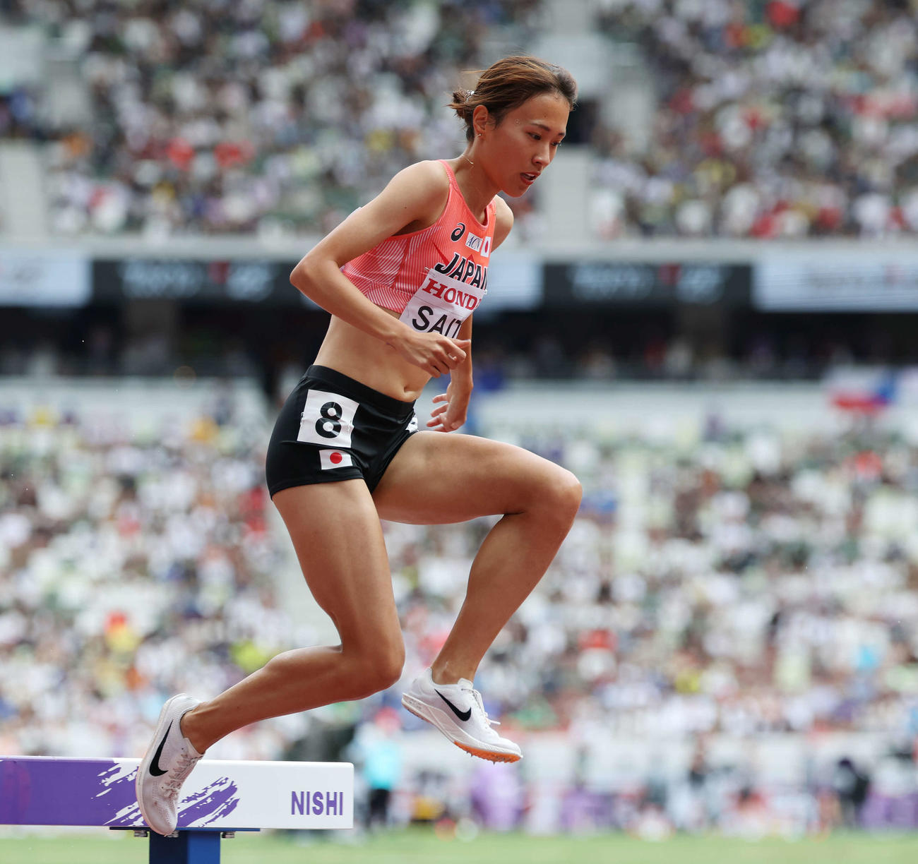 女子3000メートル障害予選　障害を越える斎藤（撮影・宮地輝）