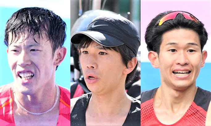 左から陸上世界選手権東京大会男子マラソン代表の小山、吉田、近藤