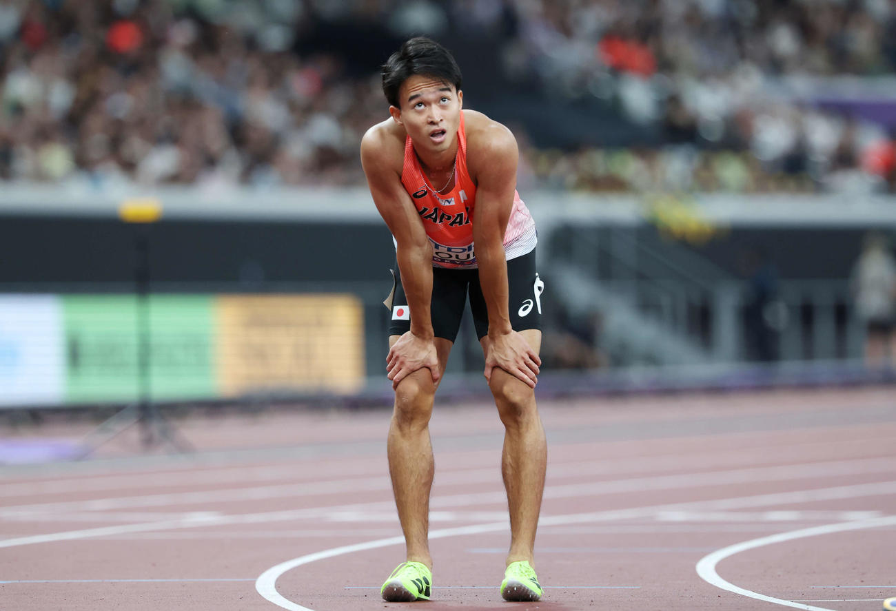 男子400メートル障害予選　結果を見つめる井之上（撮影・宮地輝）