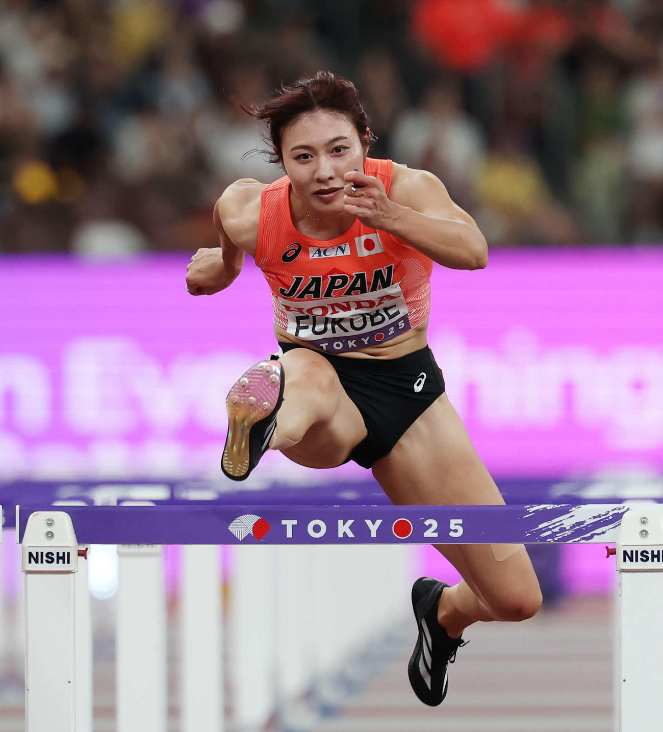 女子100メートル障害準決勝　障害を越える福部（撮影・宮地輝）