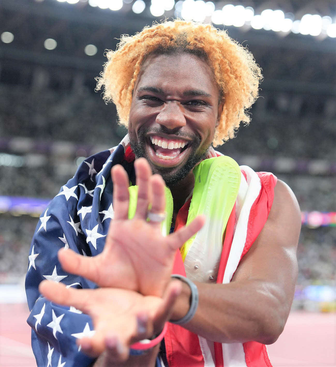 男子200メートルと400メートルリレーを制した米国のライルズ（2025年9月19日撮影）