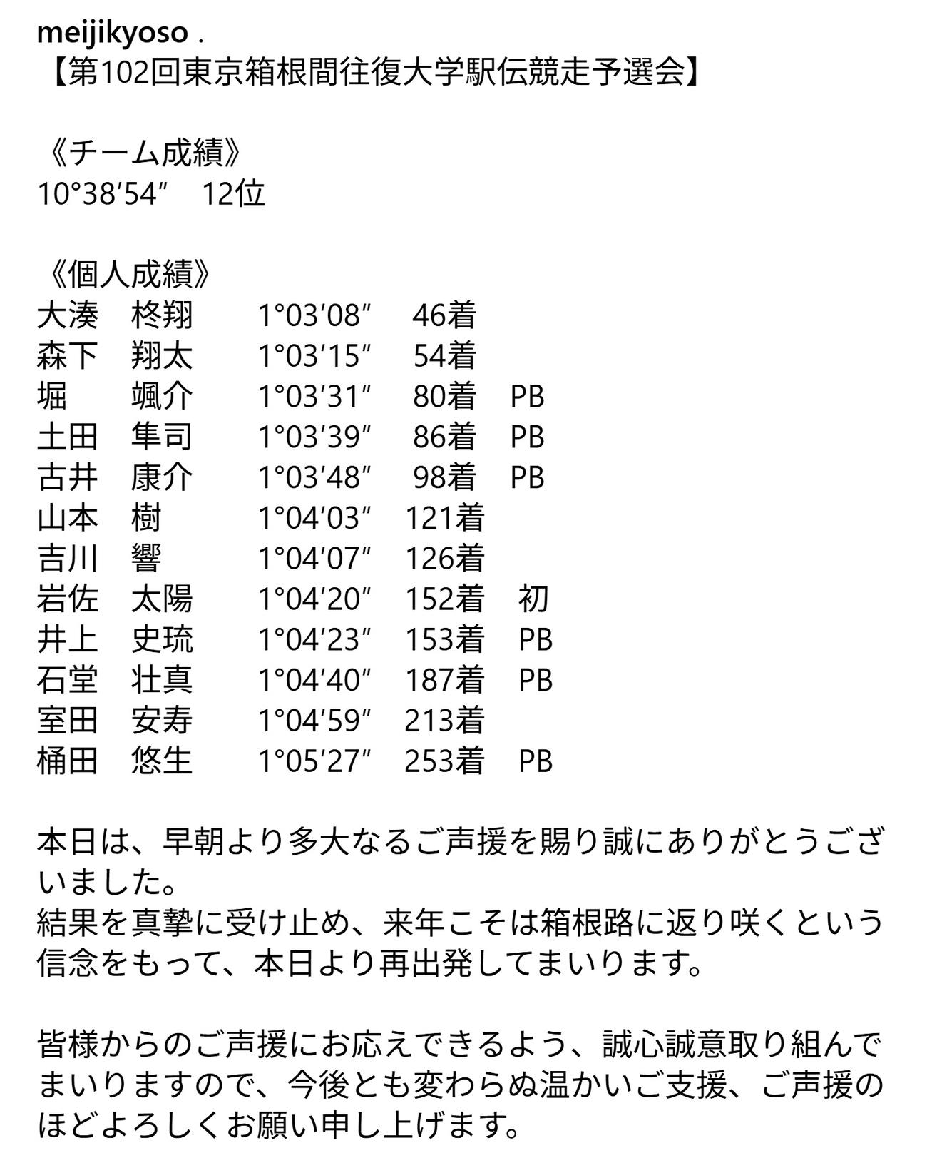 明大競走部のインスタグラムから
