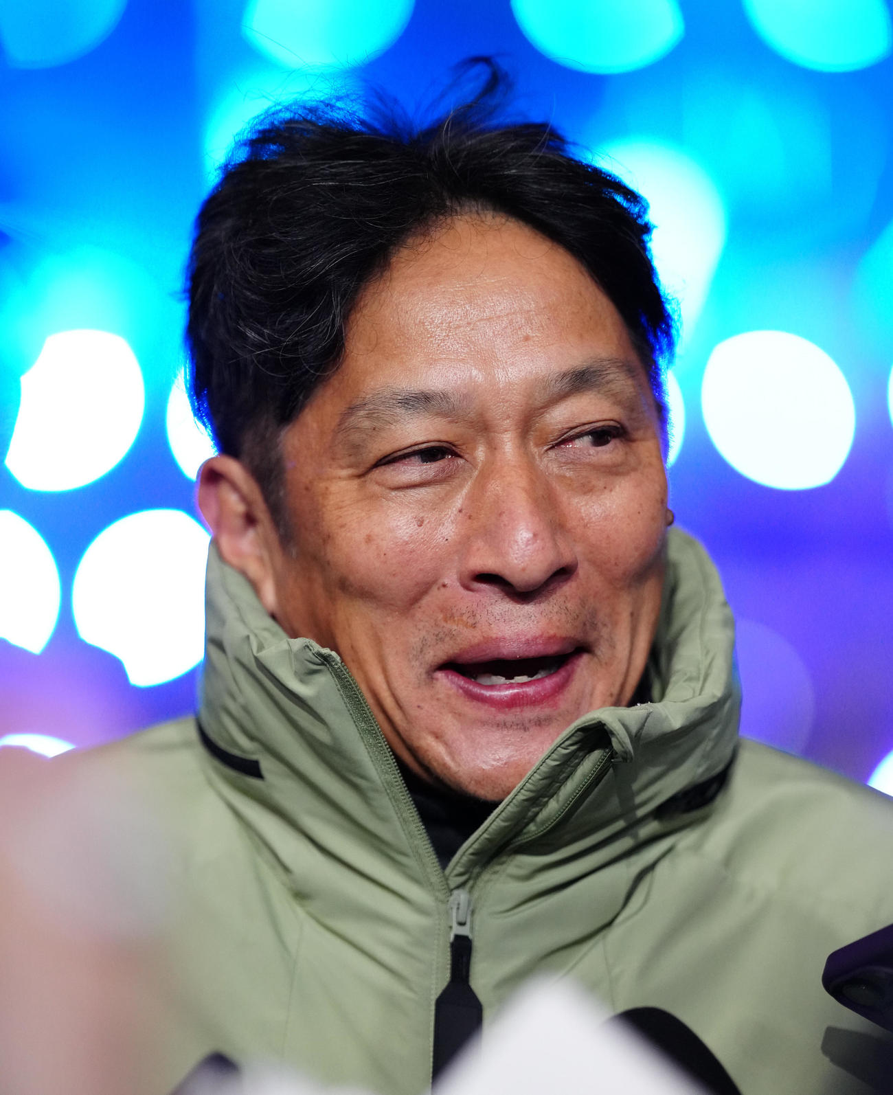 MARCH対抗戦　レース後、取材に応じる青学大・原監督（撮影・鈴木みどり）