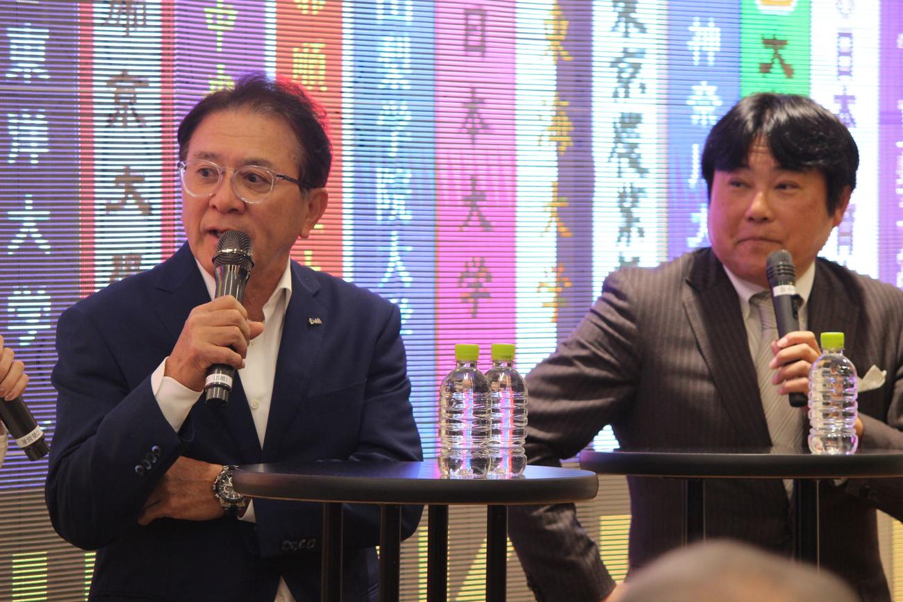 正月の箱根駅伝へ向けたトークイベントに出演した瀬古利彦氏（左）と渡辺康幸氏（撮影・首藤正徳）