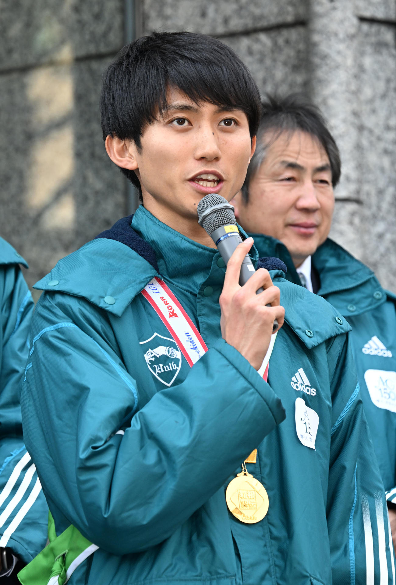 箱根駅伝優勝報告会に出席した青学大時代の田中悠登アナ（2025年1月）