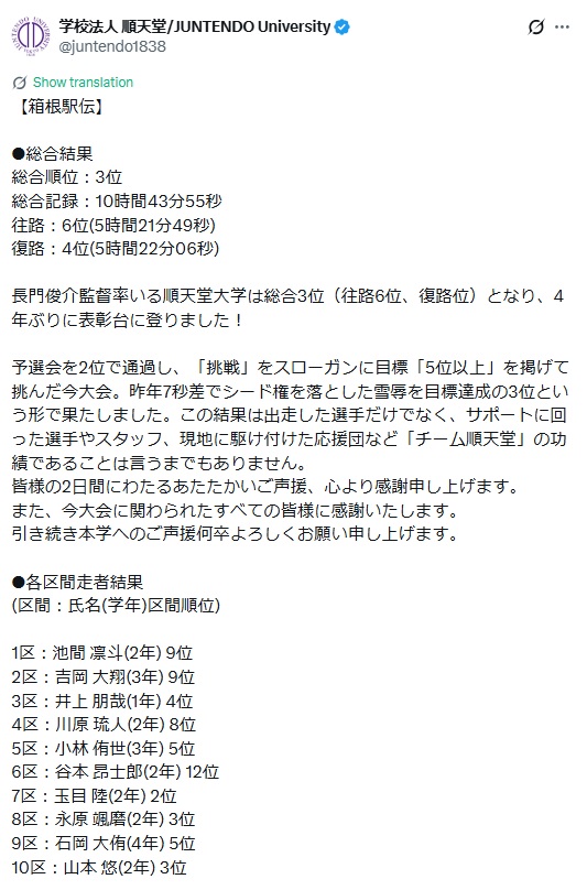 順大のXから