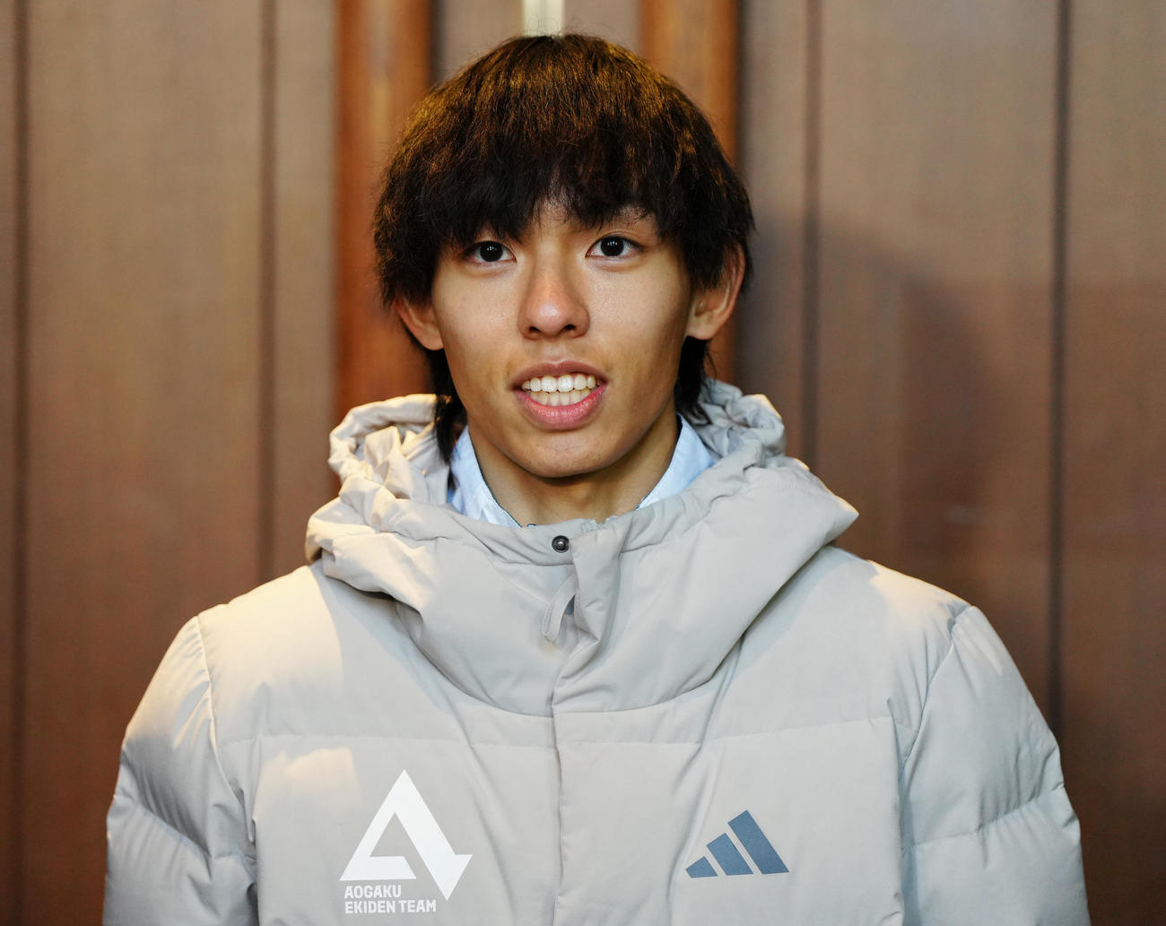 箱根駅伝優勝報告会後、取材に応じる青学大・黒田（撮影・江口和貴）