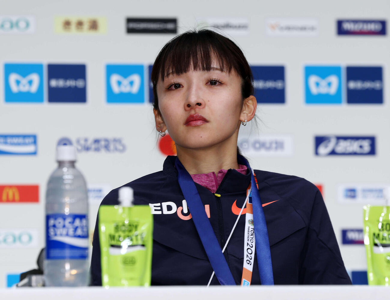 東京マラソン2026　会見に臨む日本人女子トップの細田（撮影・宮地輝）