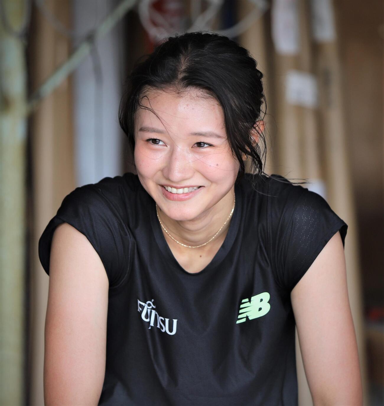 公開練習で笑顔を見せる陸上女子100メートル障害の田中佑美（2025年7月撮影）