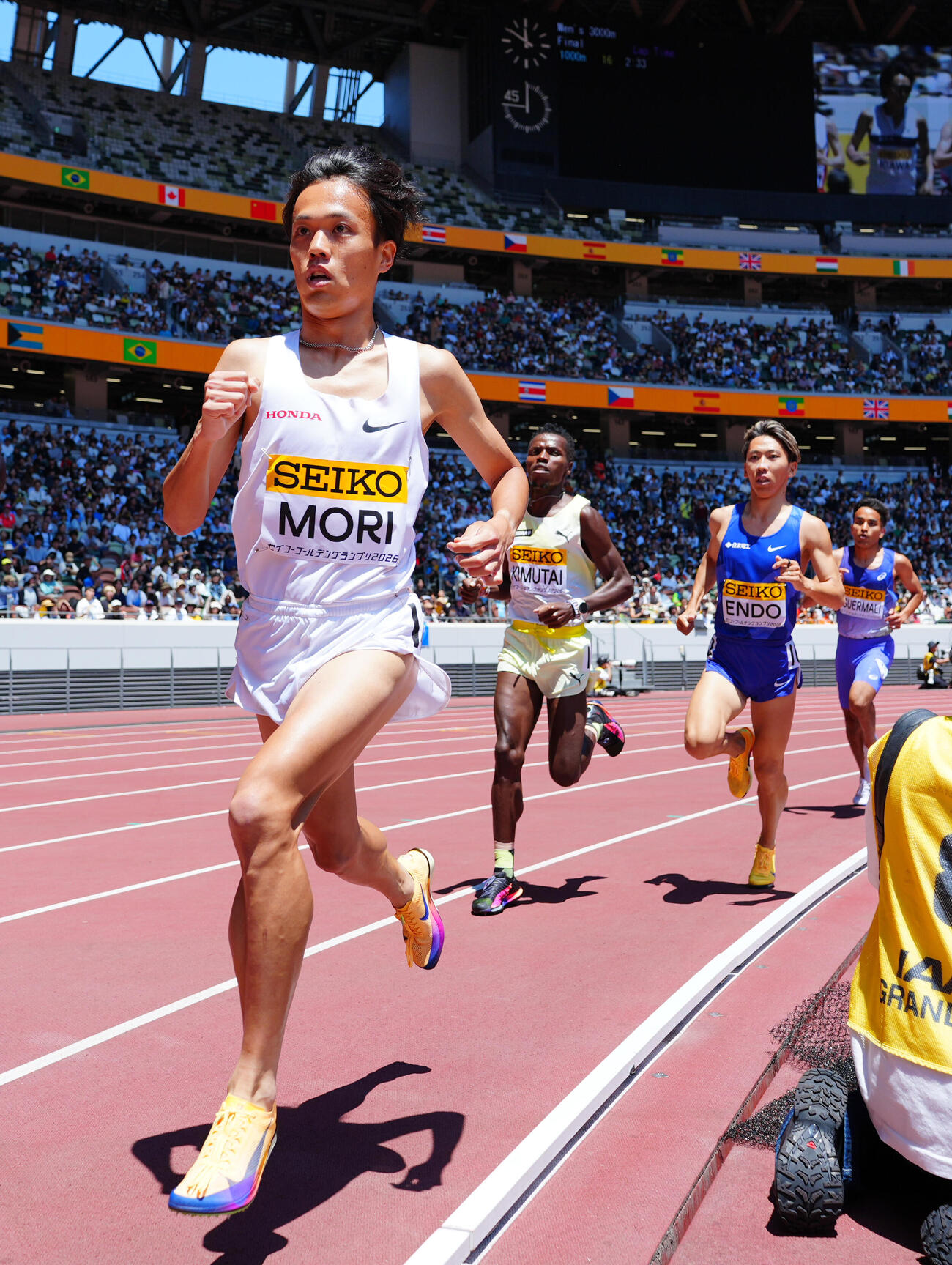セイコーゴールデングランプリ陸上2026男子3000メートル、力走する森凪也（撮影・垰建太）