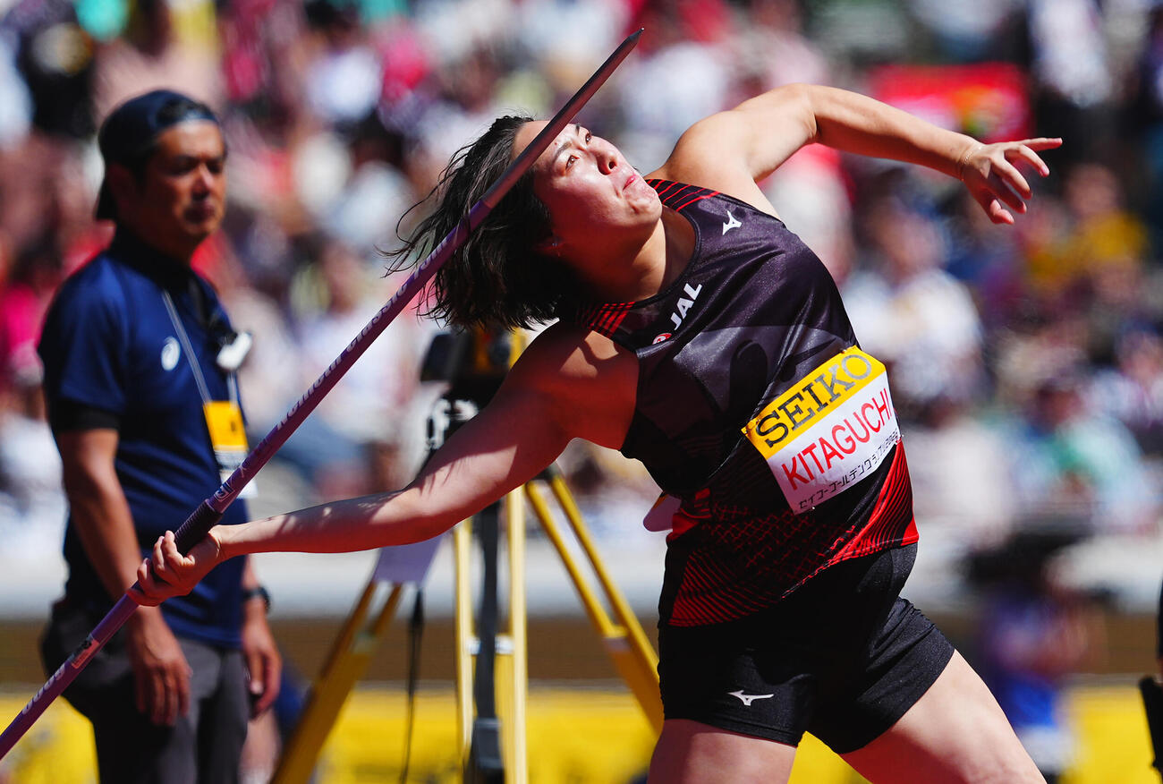 セイコーゴールデングランプリ2026女子やり投げ決勝、力投する北口榛花（撮影・垰建太）