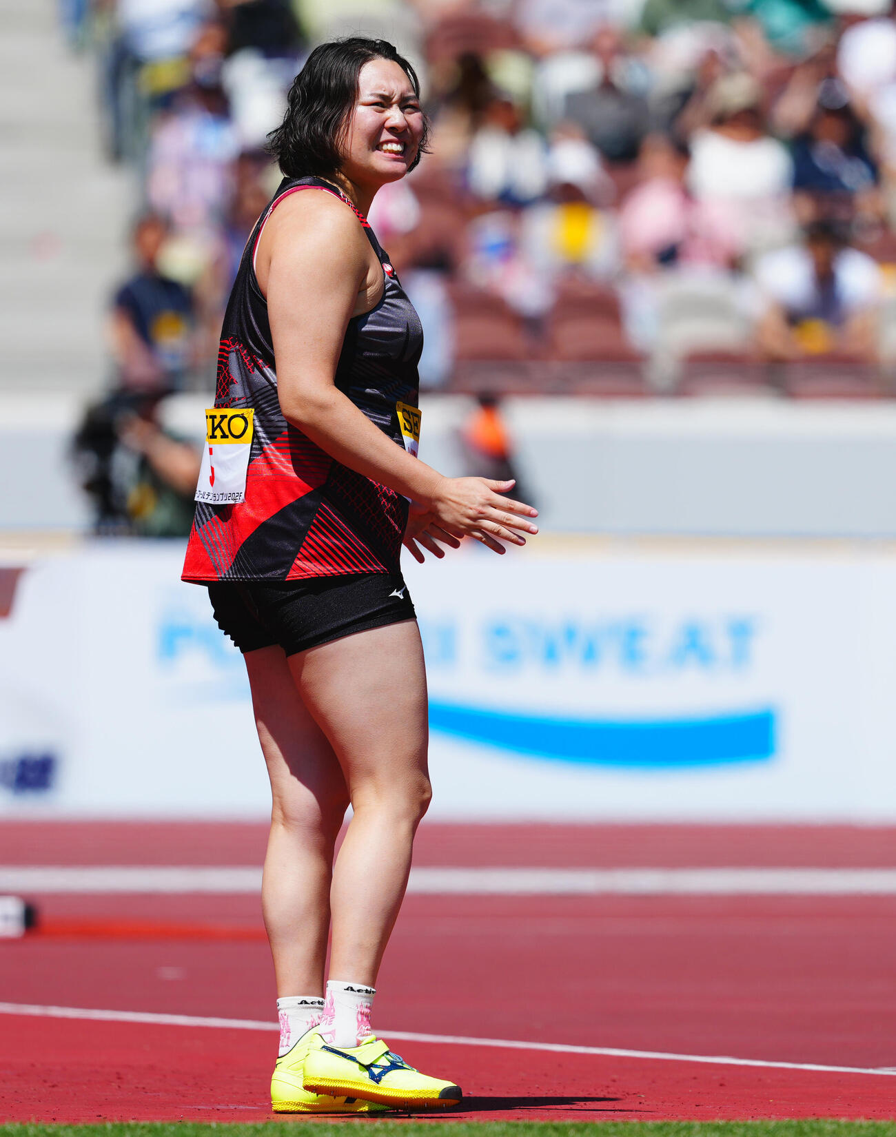 セイコーゴールデングランプリ2026女子やり投げ決勝、投てき後に悔しげな表情の北口榛花（撮影・垰建太）