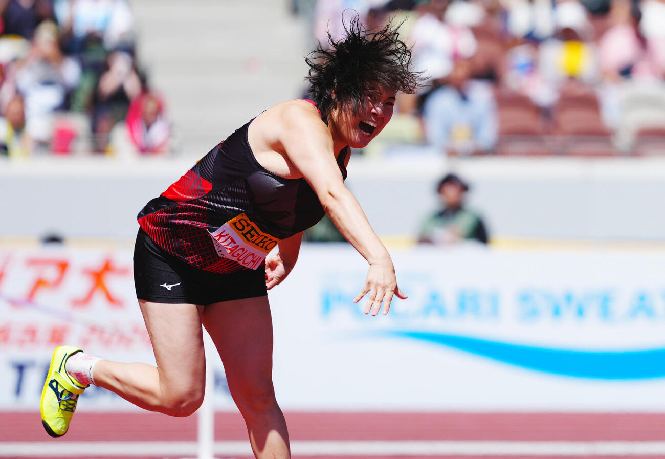 セイコーゴールデングランプリ2026女子やり投げ決勝、力投する北口榛花（撮影・垰建太）