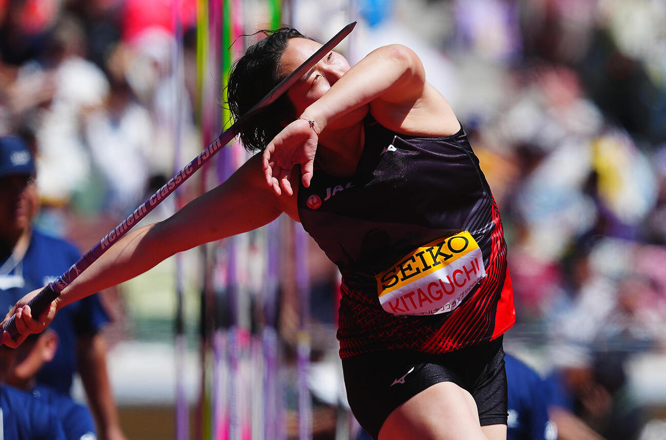 セイコーゴールデングランプリ2026女子やり投げ決勝、力投する北口榛花（撮影・垰建太）