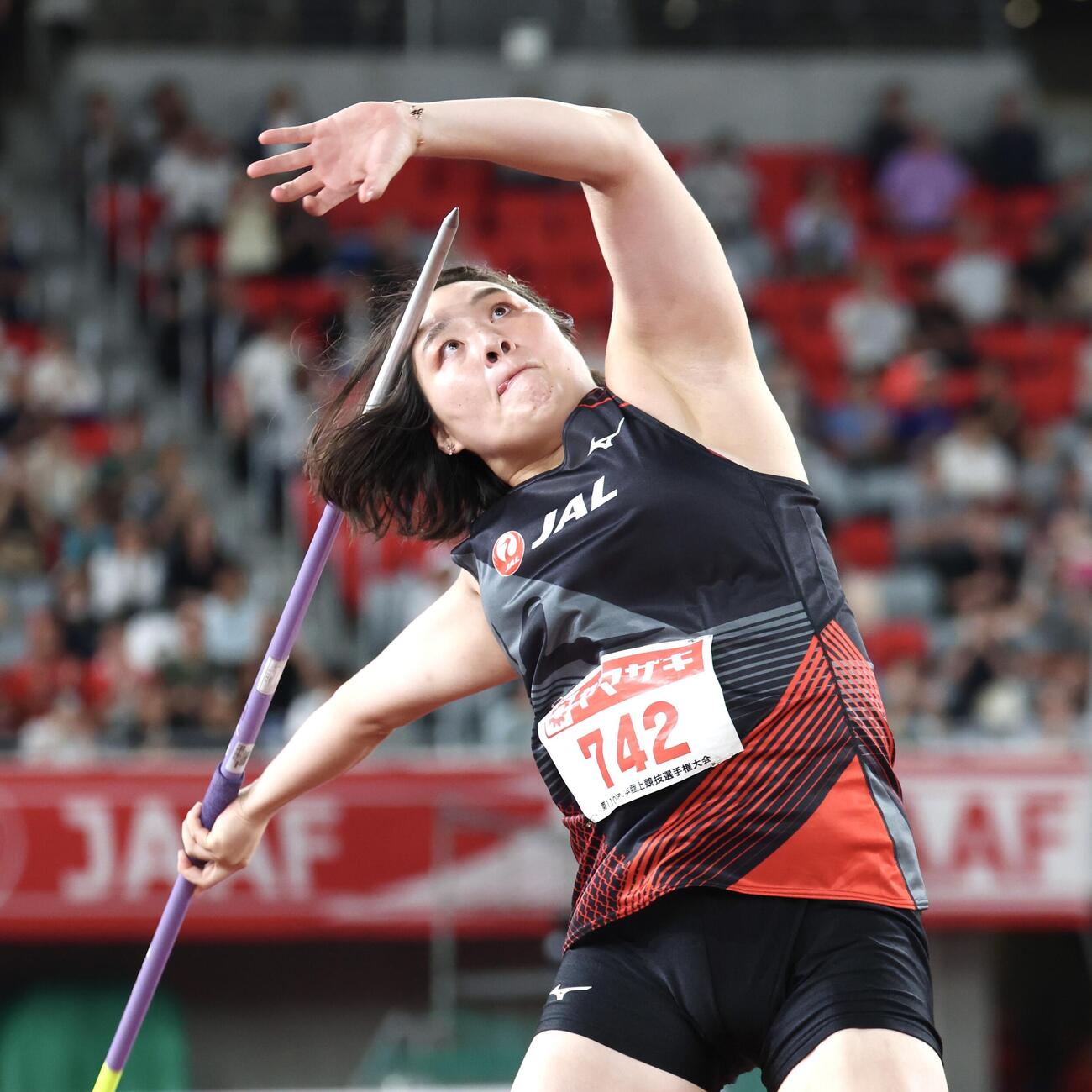 第110回日本陸上競技選手権大会　第1日　女子やり投げ決勝　力投する北口榛花（撮影・宮地輝）