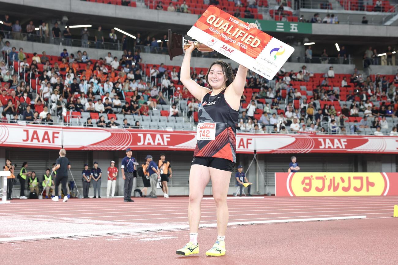 第110回日本陸上競技選手権大会　第1日　女子やり投げ決勝　優勝した北口榛花（撮影・宮地輝）