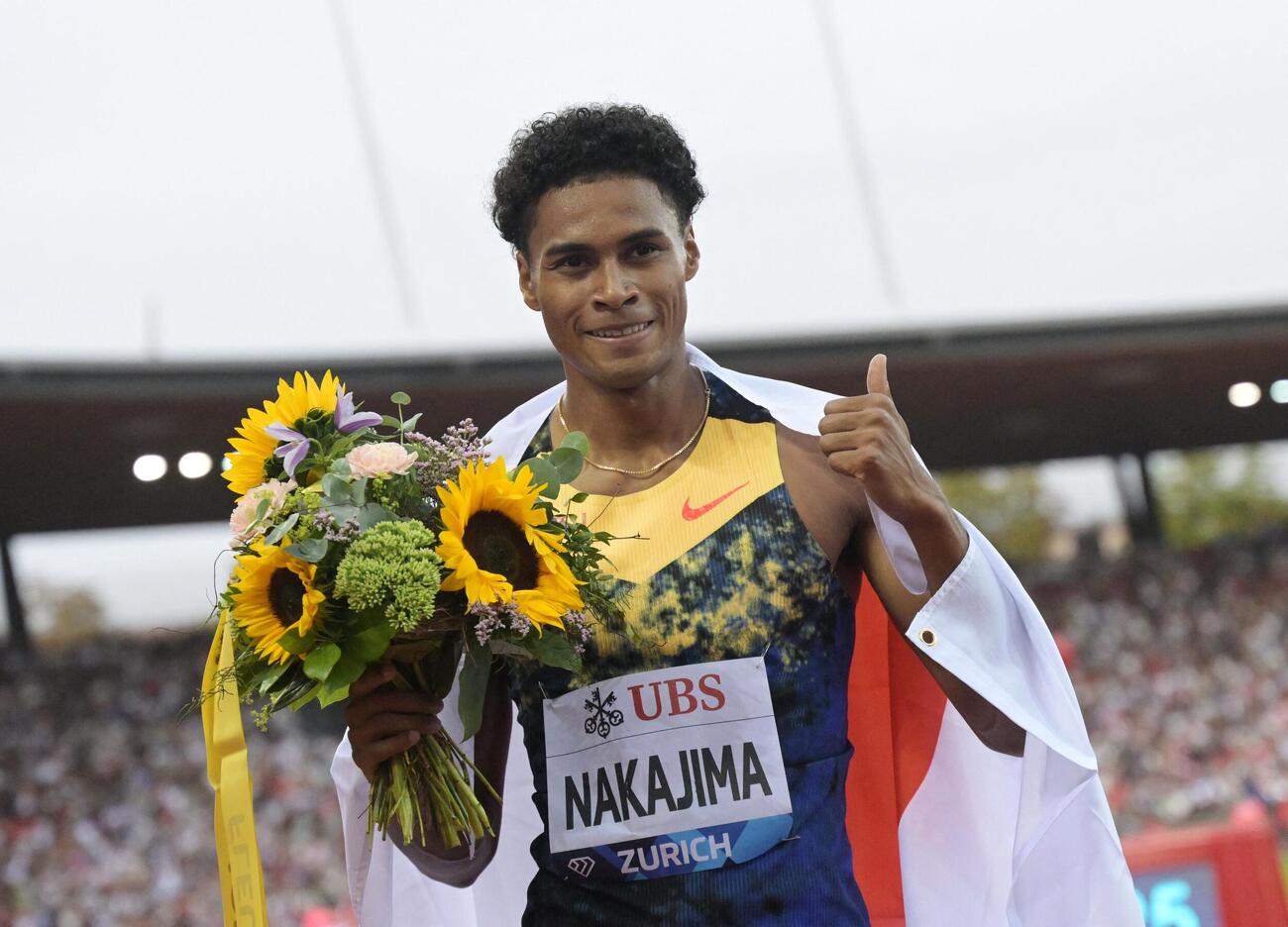 ダイヤモンドリーグ・チューリヒ大会、男子400メートル決勝で優勝し、喜ぶ中島佑気ジョセフ（ロイター）