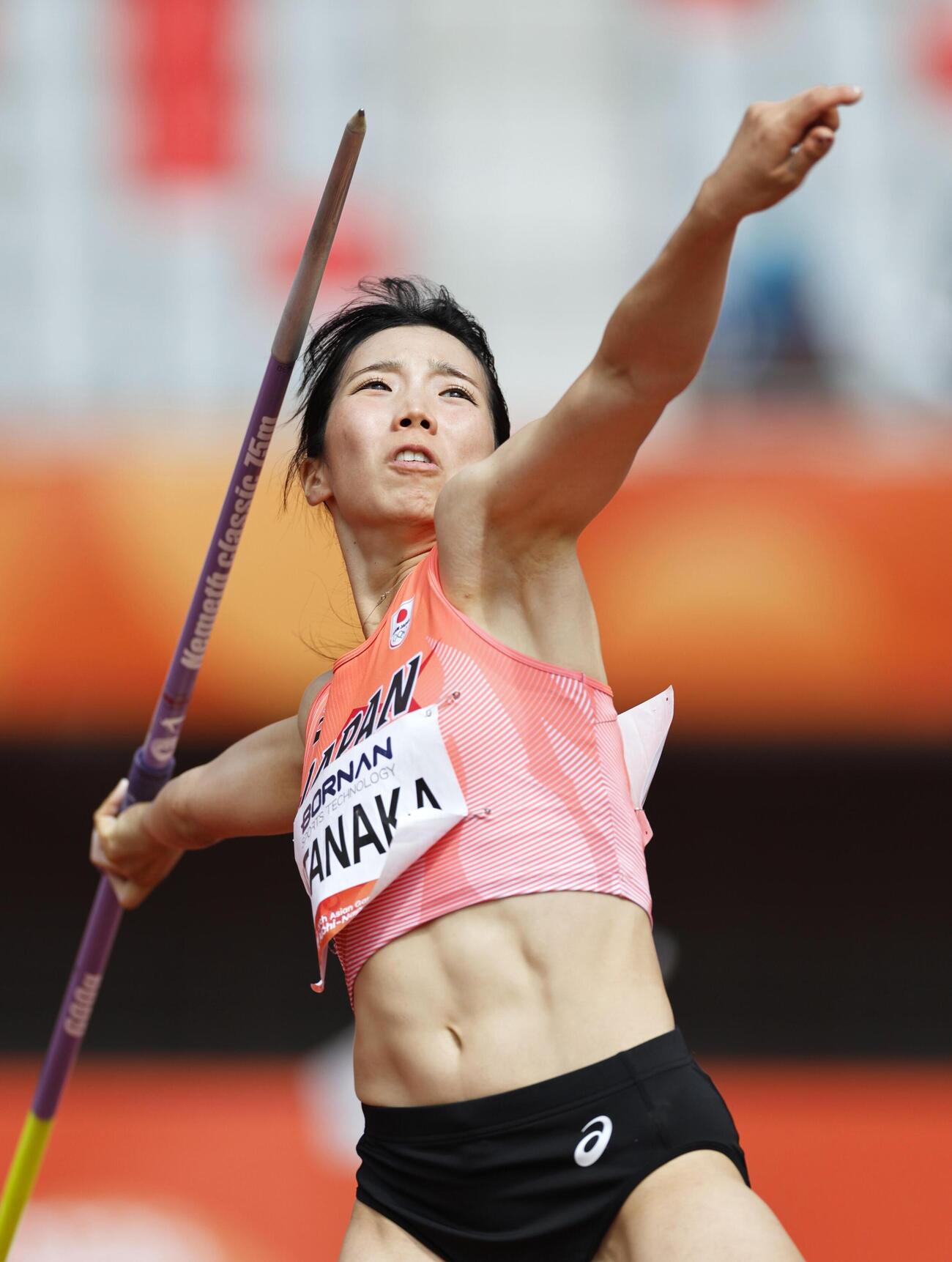 女子七種競技　田中友梨のやり投げ＝パロマ瑞穂スタジアム（共同）