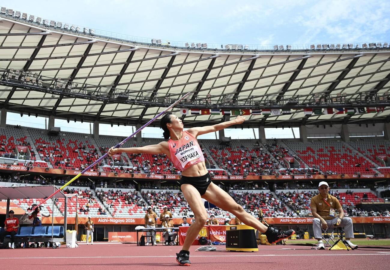 女子七種競技　田中友梨のやり投げ＝パロマ瑞穂スタジアム（共同）