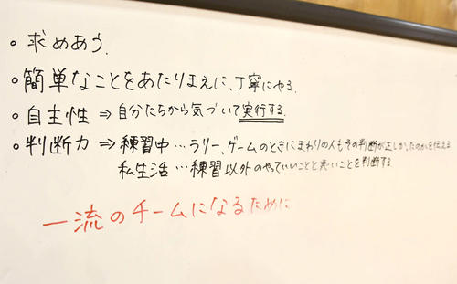 ホワイトボードに書かれた「一流のチームになるために」やるべきこと(撮影・平山連)