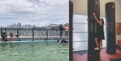 写真左は朝7時からオープンしているプール。右はAISの体験型施設