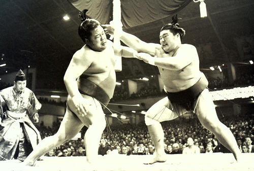 76年1月、初場所で富士桜（左）と対戦する麒麟児