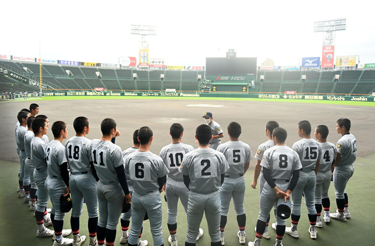 甲子園球場内を見渡しイメージトレーニングをする仙台育英ナイン（撮影・横山健太）