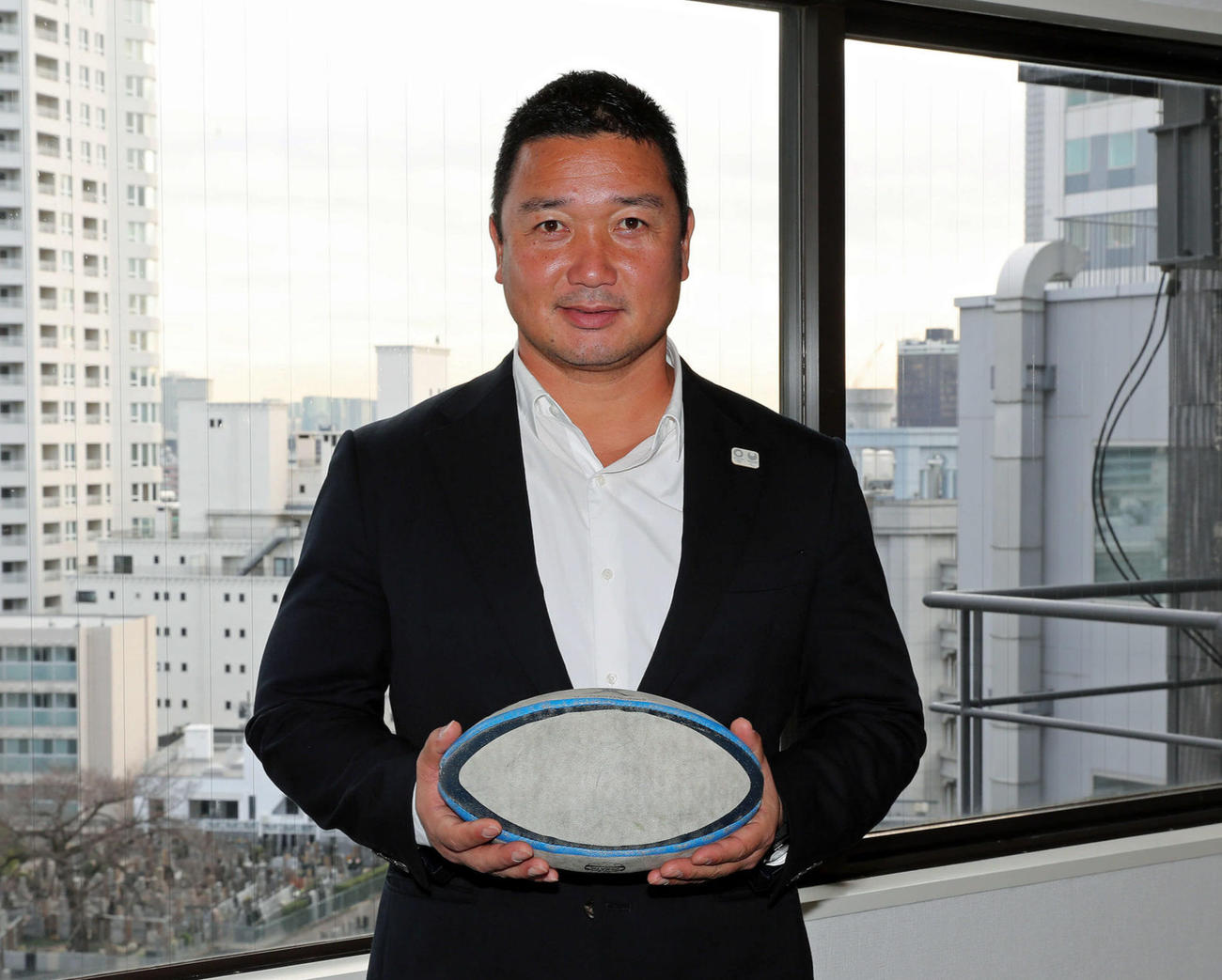 7人制ラグビー元日本代表で、ワークショップ「タグラグビー×算数・プログラミング」の実技を担当する石川安彦氏（撮影・豊本亘）