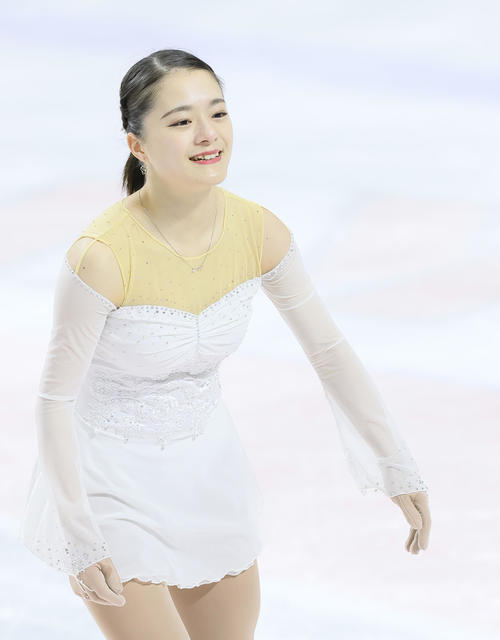 栃木冬季国体 成年女子ショートプログラム（SP）　の演技を終え笑顔を見せる籠谷歩未(2022年1月26日)

