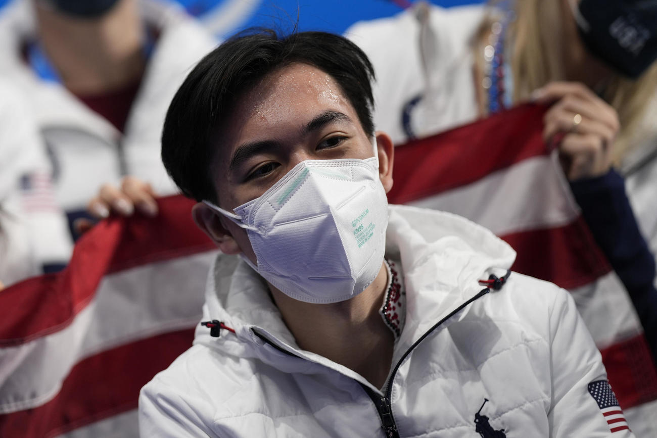 北京五輪最後となったフィギュア団体男子フリーの演技を終えたビンセント･ジョウ（AP)
