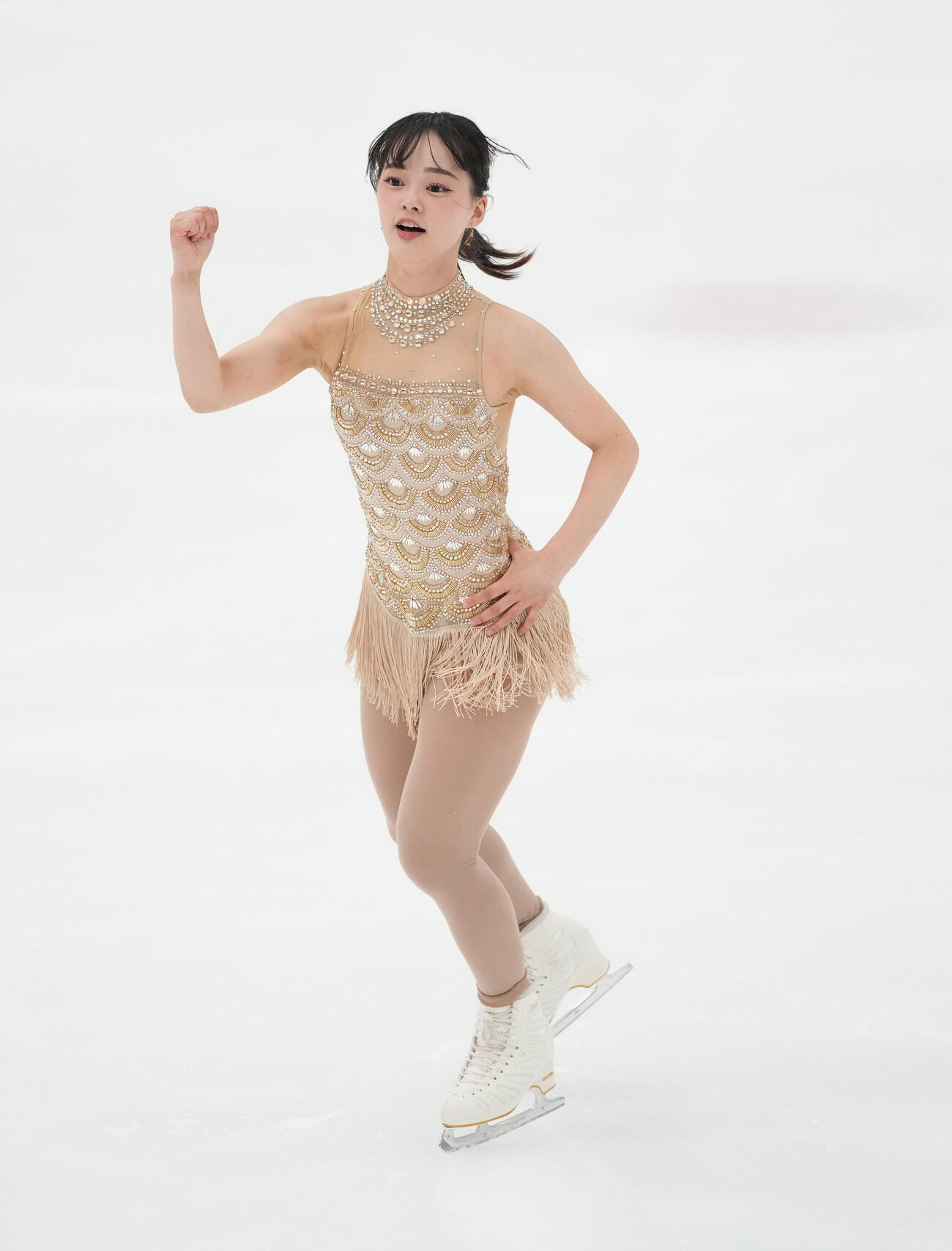 シニア女子ショートプログラム　演技終了後ガッツポーズをする横井きな結（撮影・森本幸一）