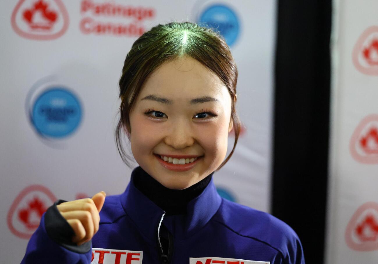 GPシリーズ・スケートカナダ　前日練習後に笑顔を見せる島田麻央（撮影・藤塚大輔）