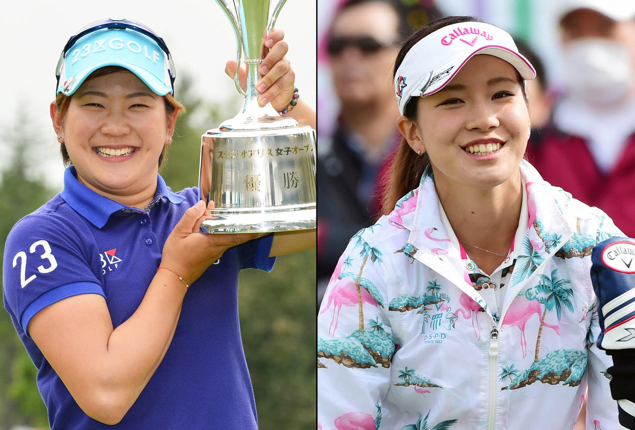 15年4月12日、スタジオアリス女子オープン・最終日で、猛チャージをみせ通算9アンダーで優勝する成田美寿々（左）。右は笑顔を見せる2位の藤田光里